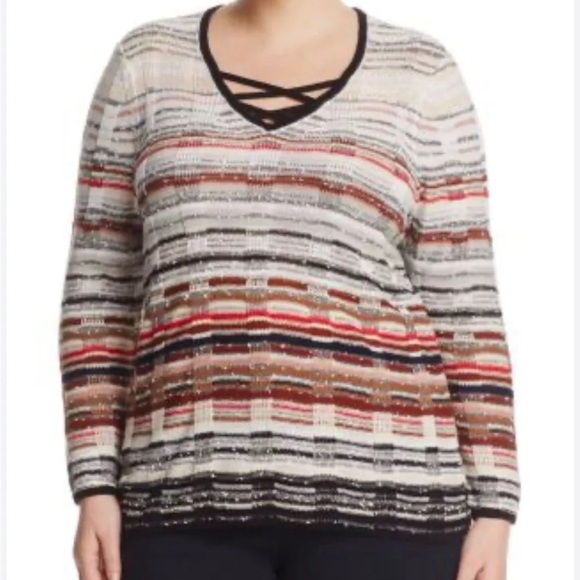 NIC+Zoe Long Sleeve V Neck Crossover Strap Red Hills Sweater - Picture 1 of 8